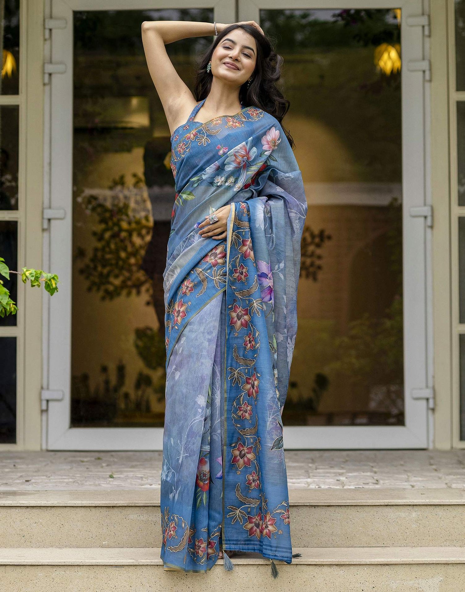 Blue Chanderi Floral Printed Saree