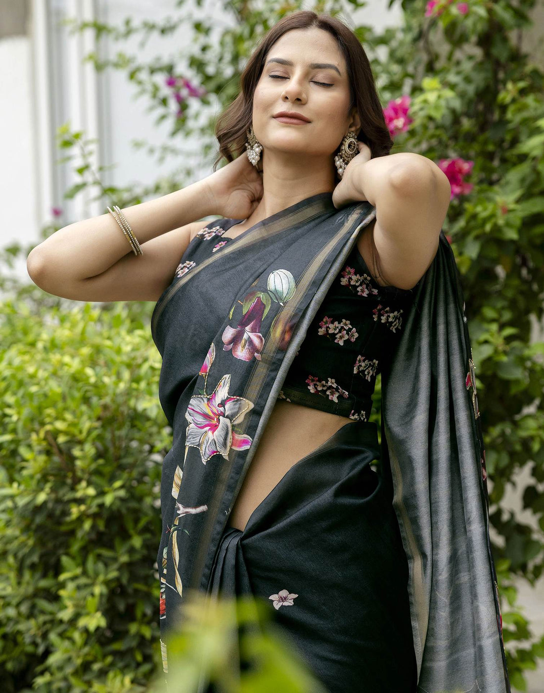 Dark Bottle Green Silk Floral Printed Saree