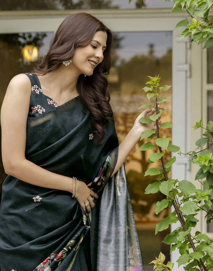 Dark Bottle Green Silk Floral Printed Saree