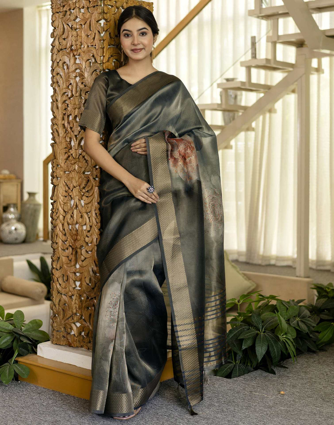 Grey Simmer Floral Printed Saree