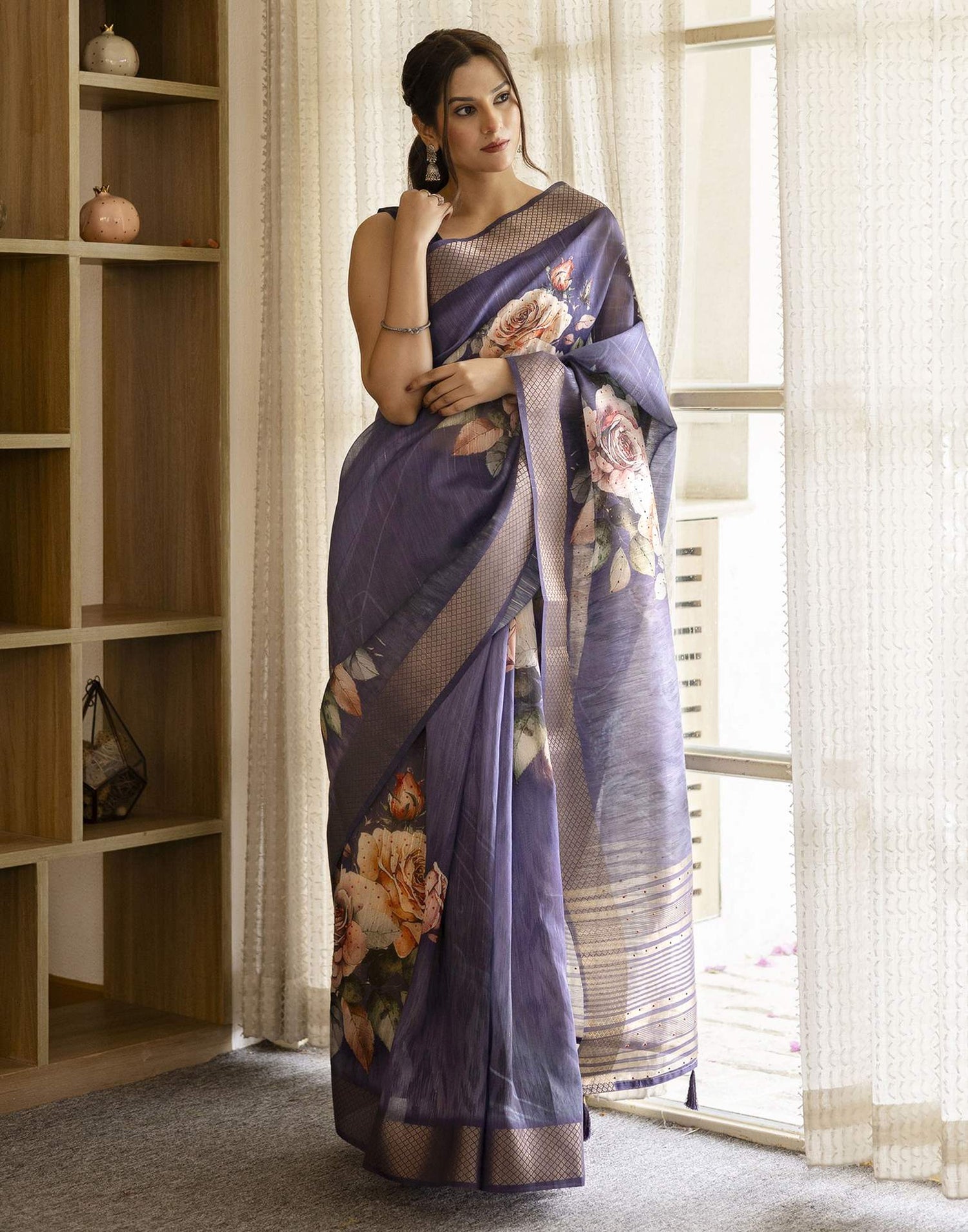 Dark PurPle Simmer Floral Printed Saree