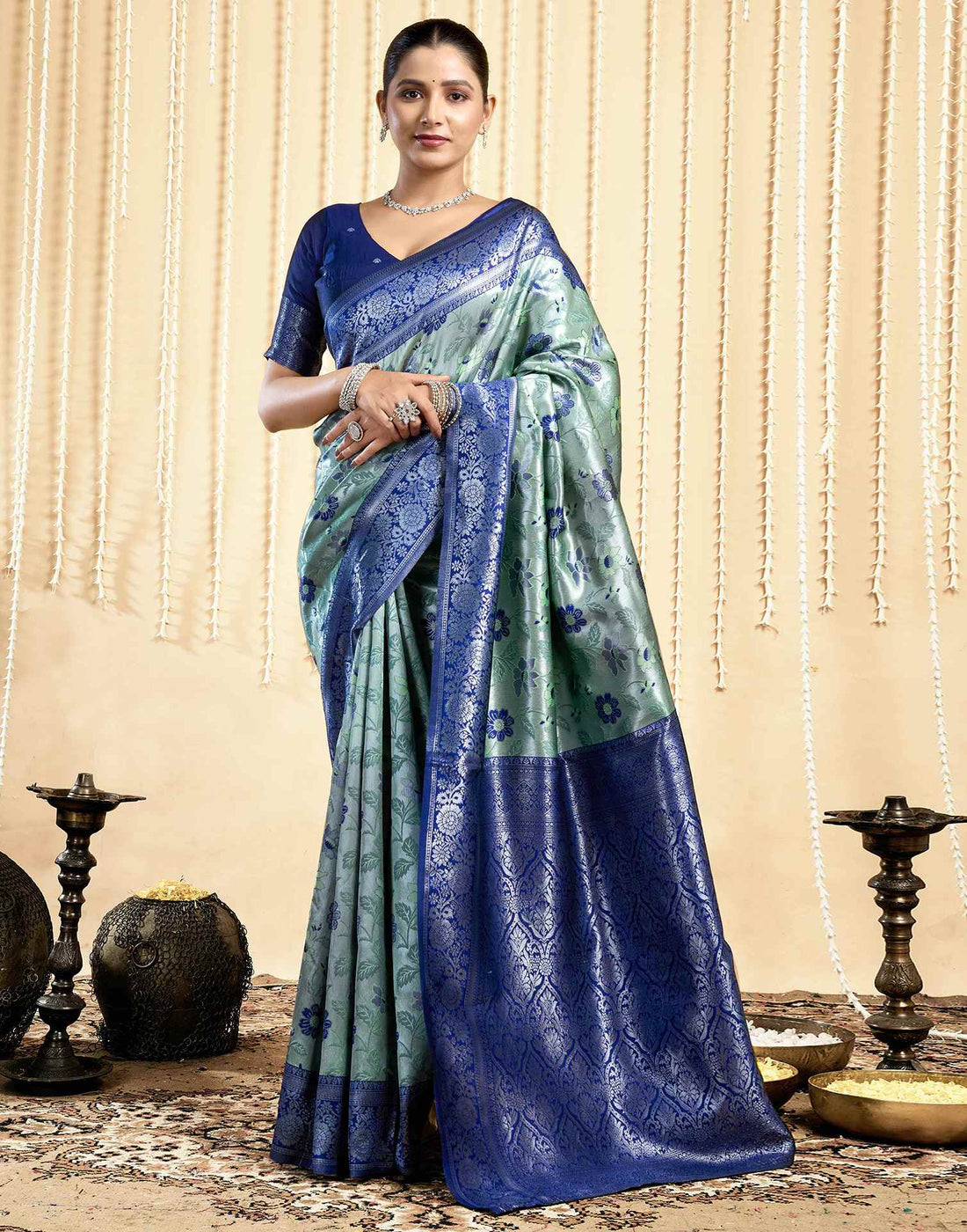 Pista Green Silk Woven Saree