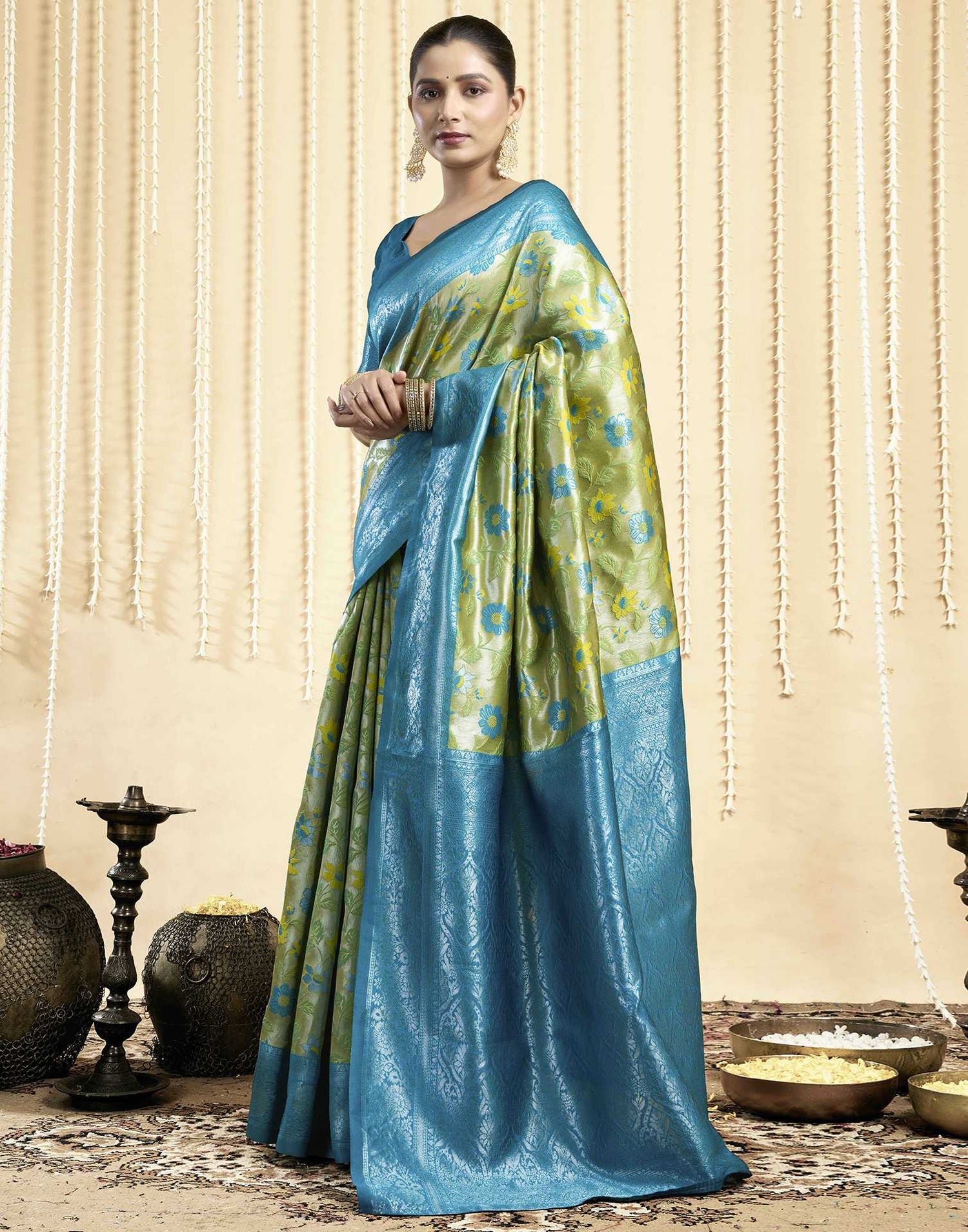 Parrot Green Silk Woven Saree