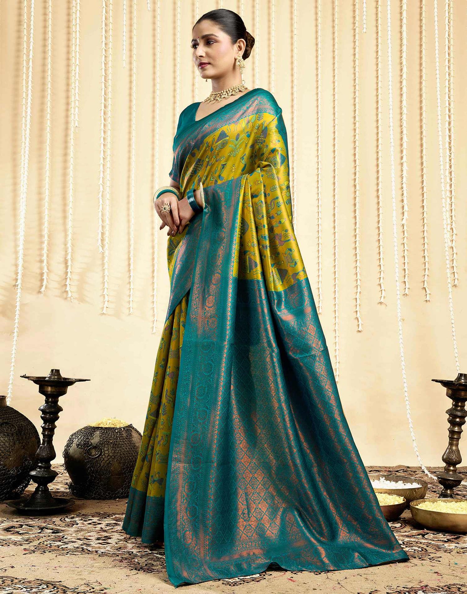 Parrot Green Silk Woven Saree