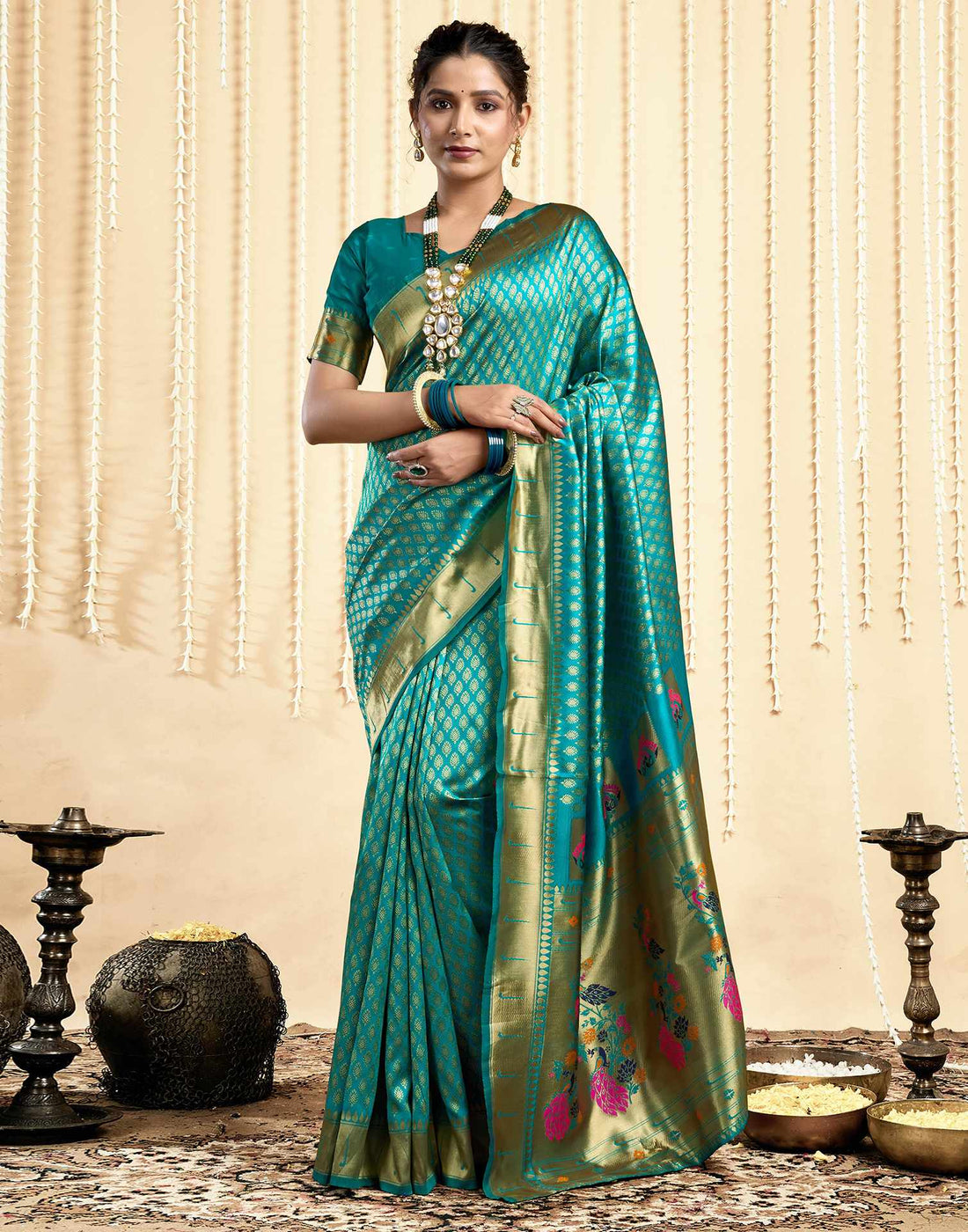 Teal Green Silk Woven Paithani Saree