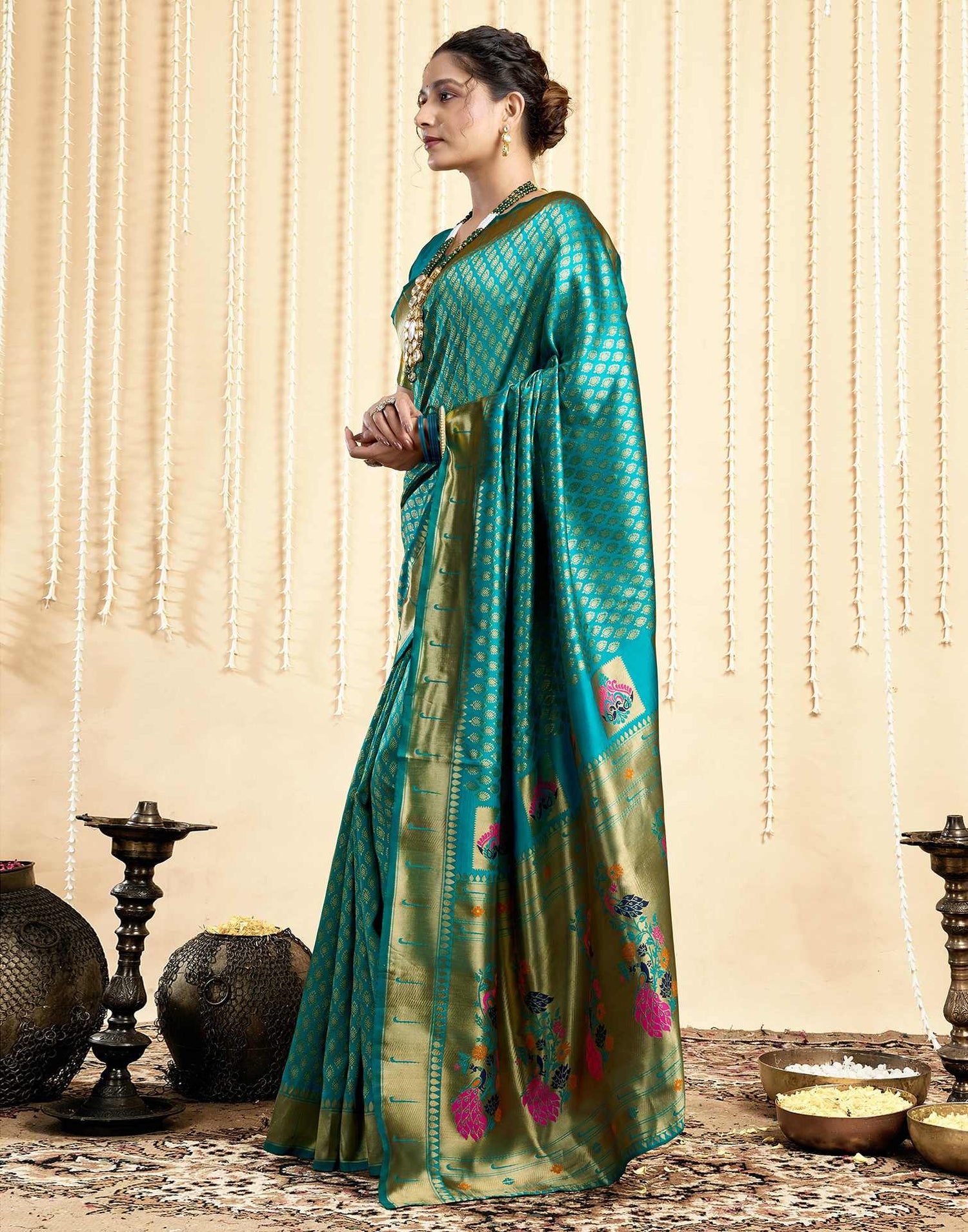 Teal Green Silk Woven Paithani Saree