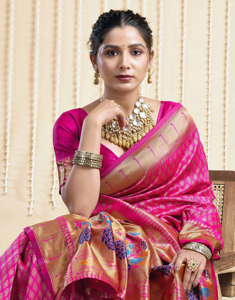 Bright Pink Silk Woven Paithani Saree