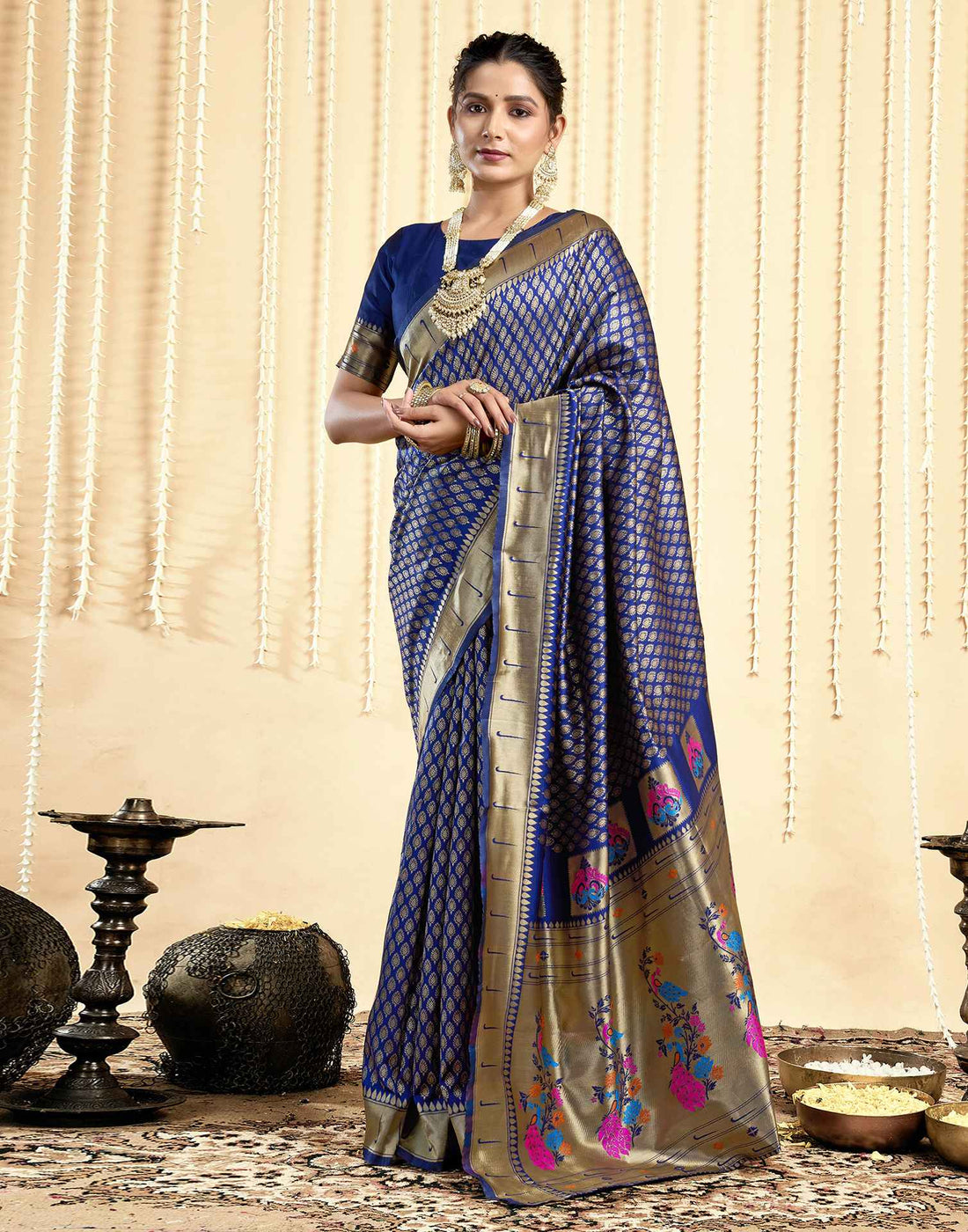 Navy Blue Silk Woven Paithani Saree