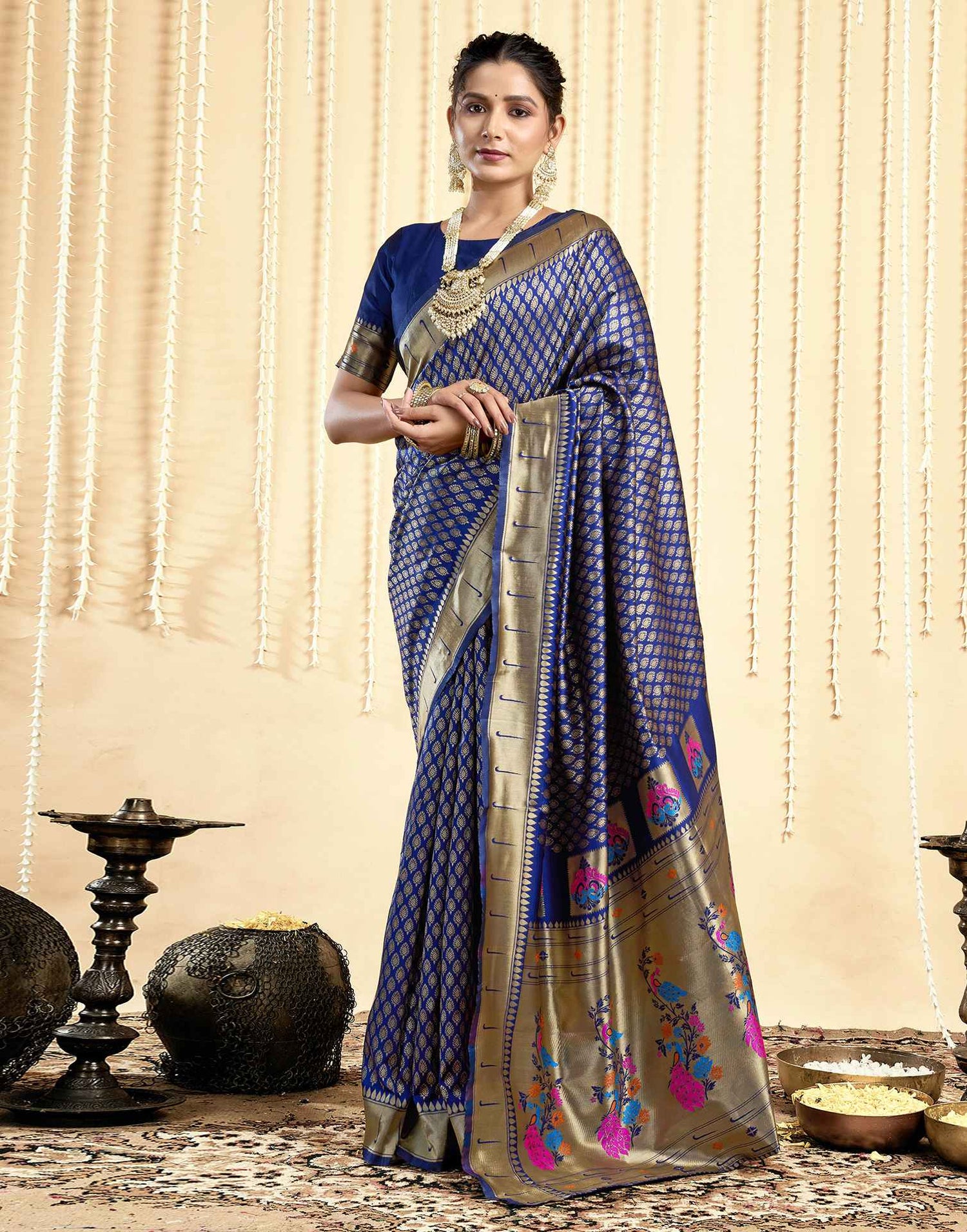 Navy Blue Silk Woven Paithani Saree