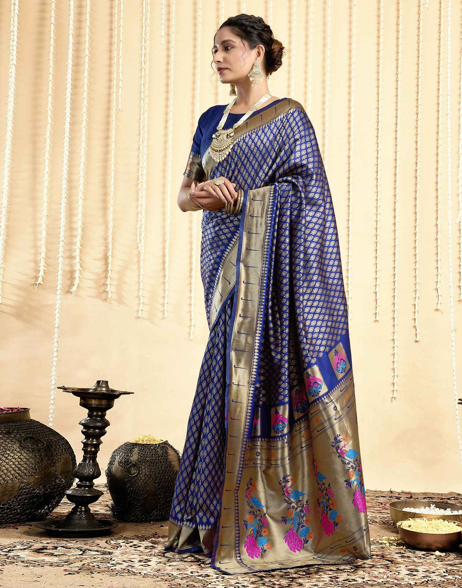 Navy Blue Silk Woven Paithani Saree