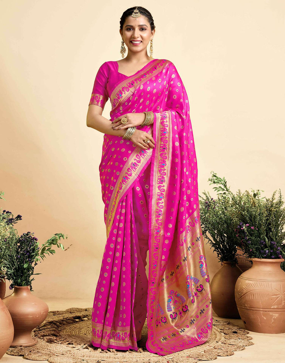 Bright Pink Silk Woven Paithani Saree