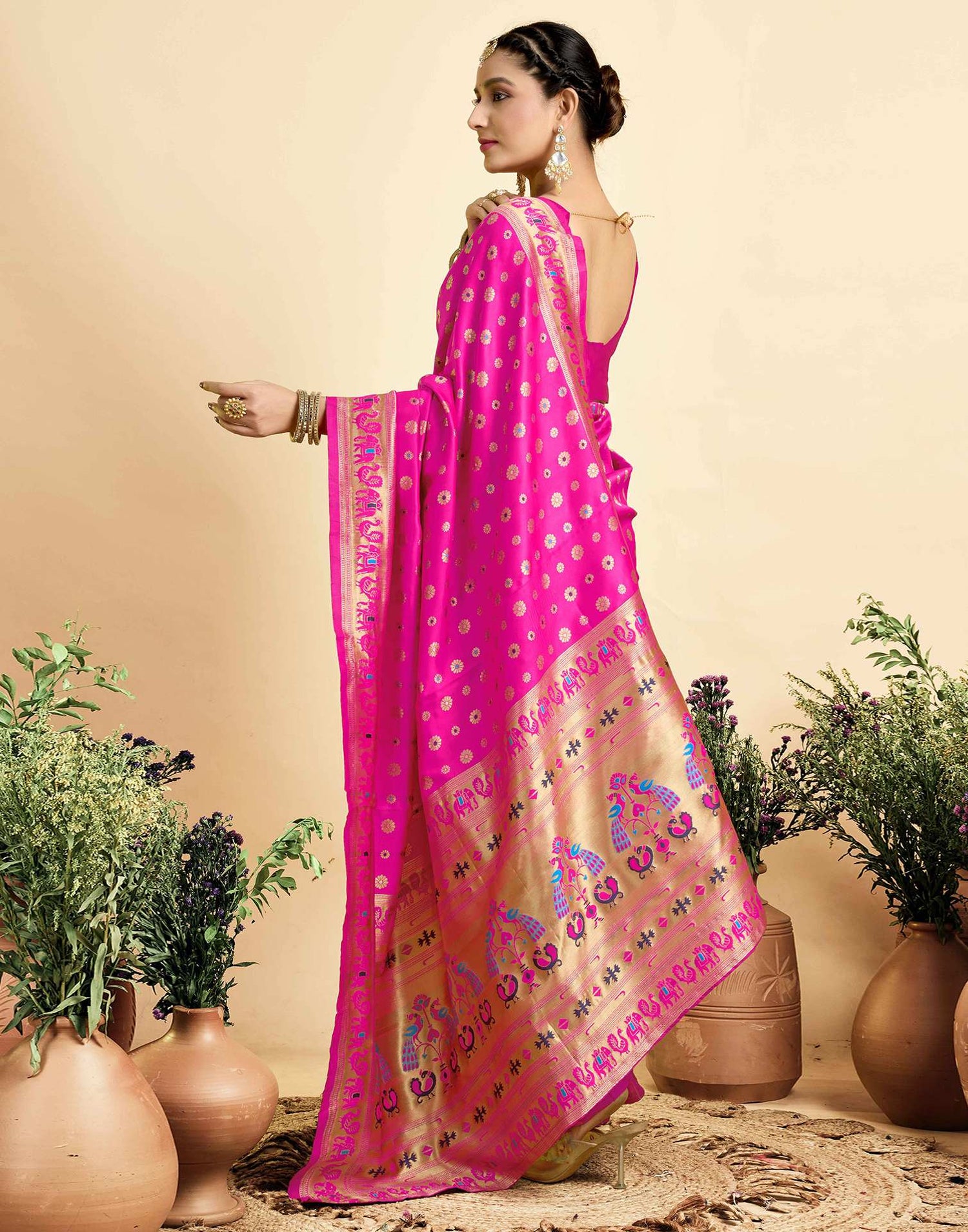 Bright Pink Silk Woven Paithani Saree