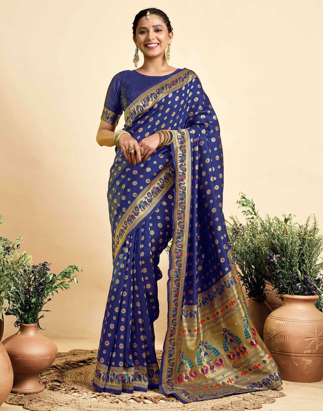 Navy Blue Silk Woven Paithani Saree