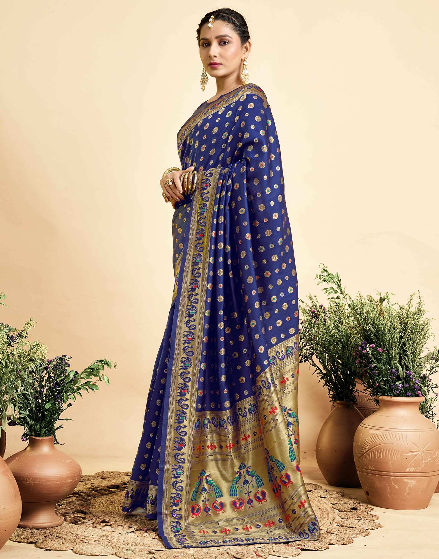 Navy Blue Silk Woven Paithani Saree