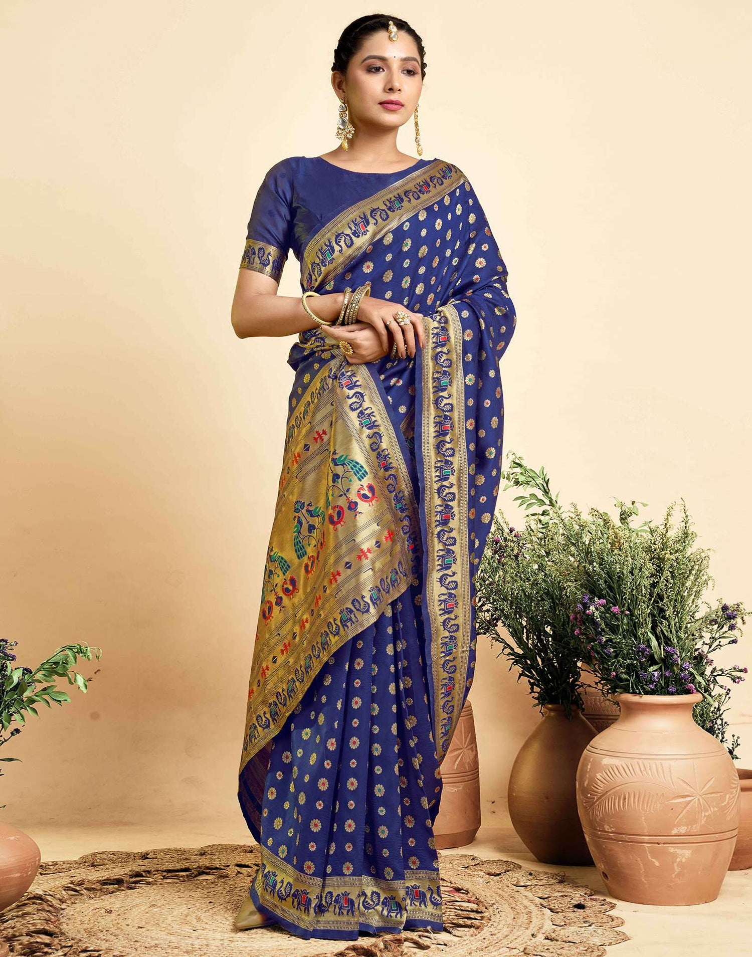Navy Blue Silk Woven Paithani Saree