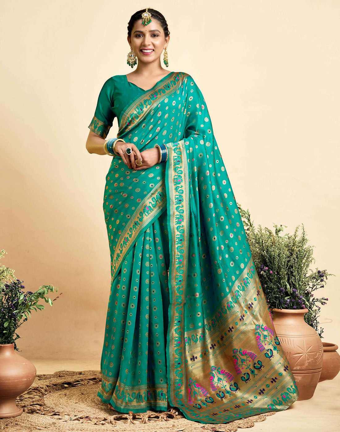 Teal Green Silk Woven Paithani Saree