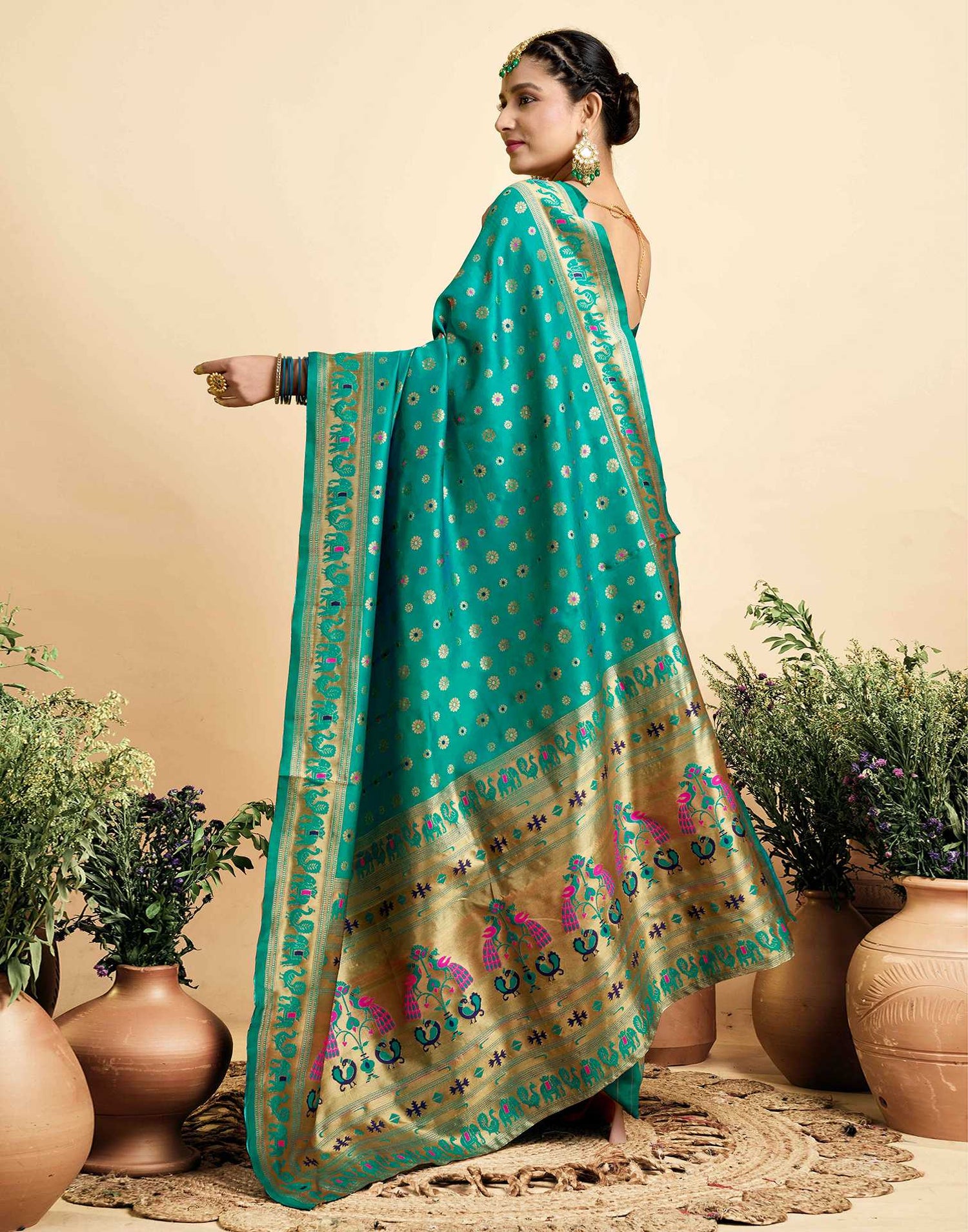 Teal Green Silk Woven Paithani Saree