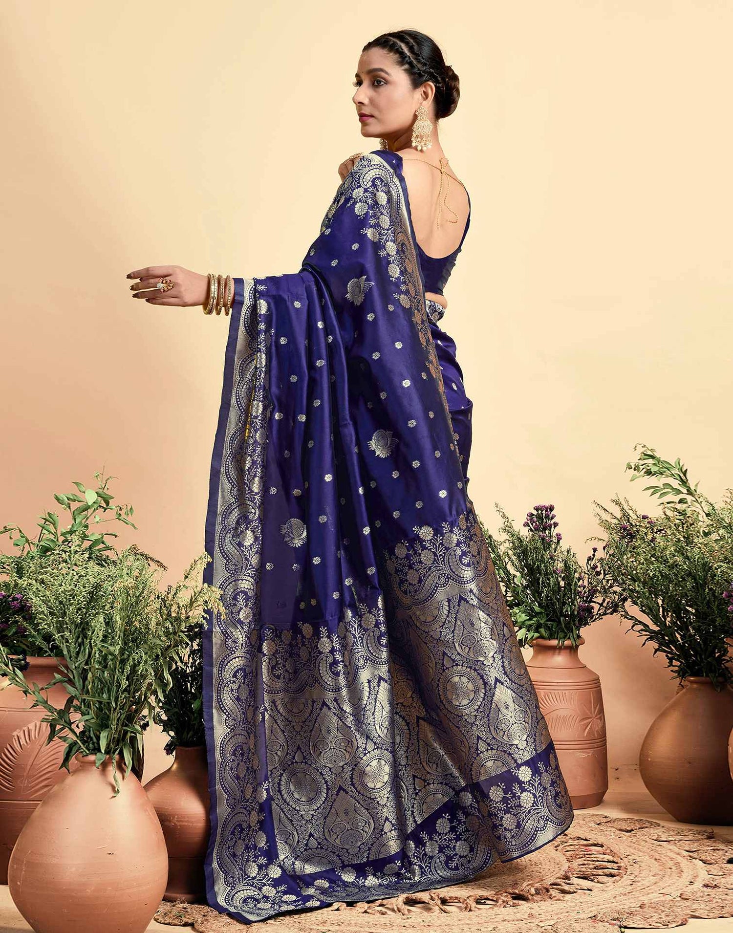 Navy Blue Silk Woven Saree