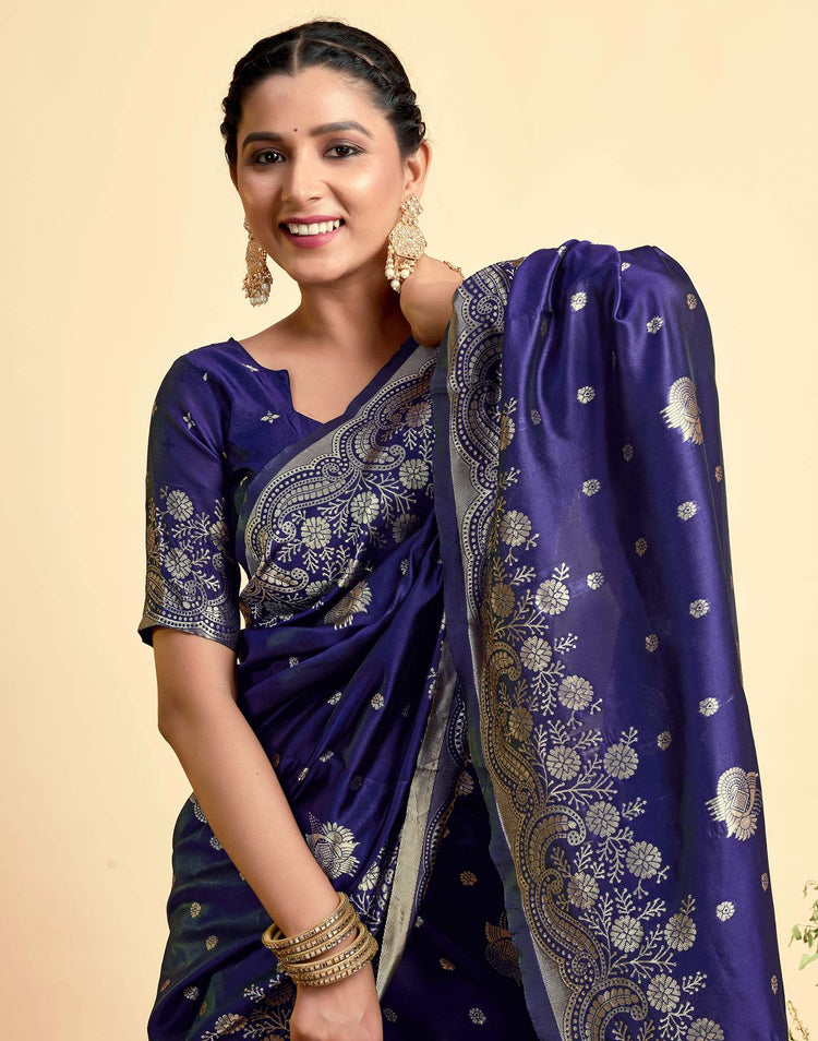 Navy Blue Silk Woven Banarasi Saree