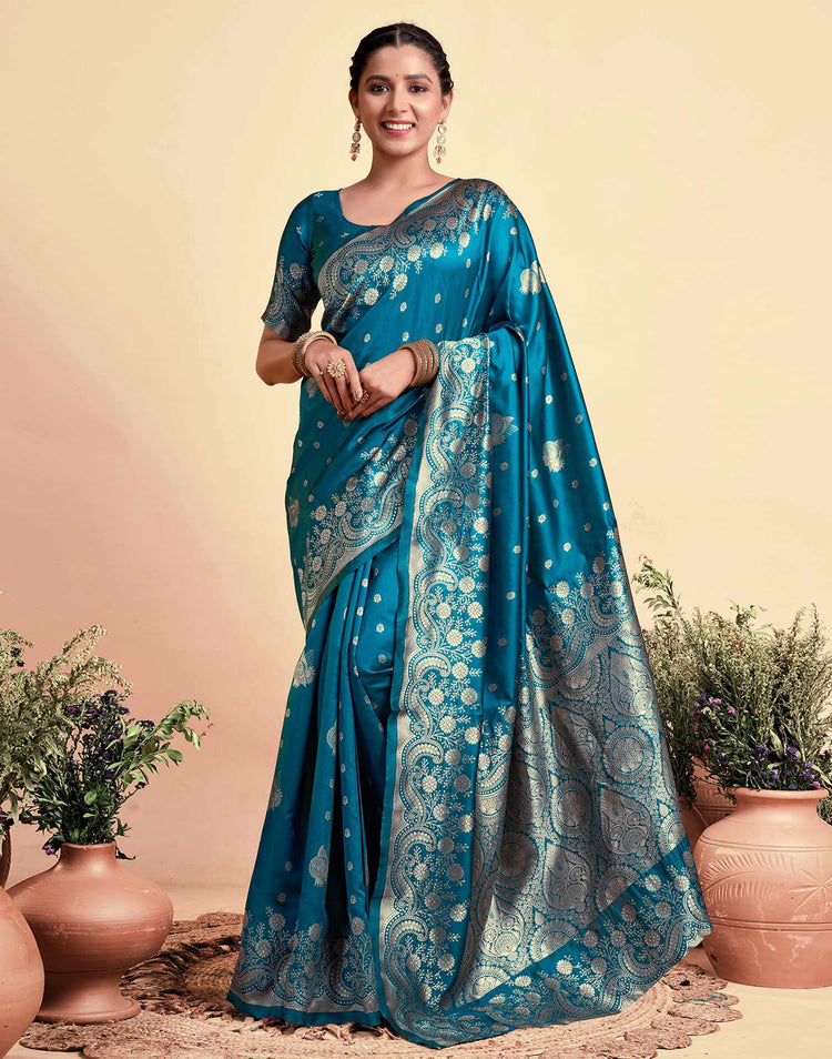 Teal Blue Silk Woven Banarasi Saree