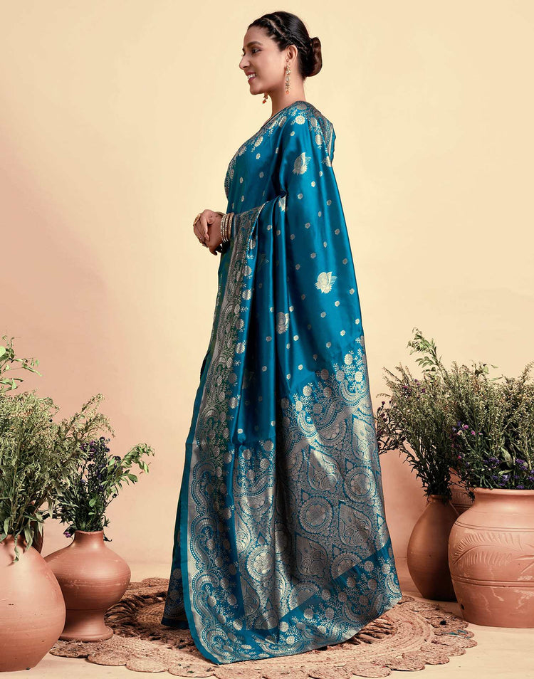 Teal Blue Silk Woven Banarasi Saree