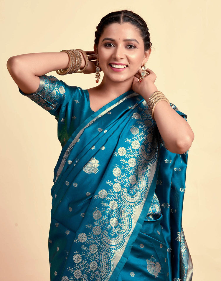 Teal Blue Silk Woven Banarasi Saree