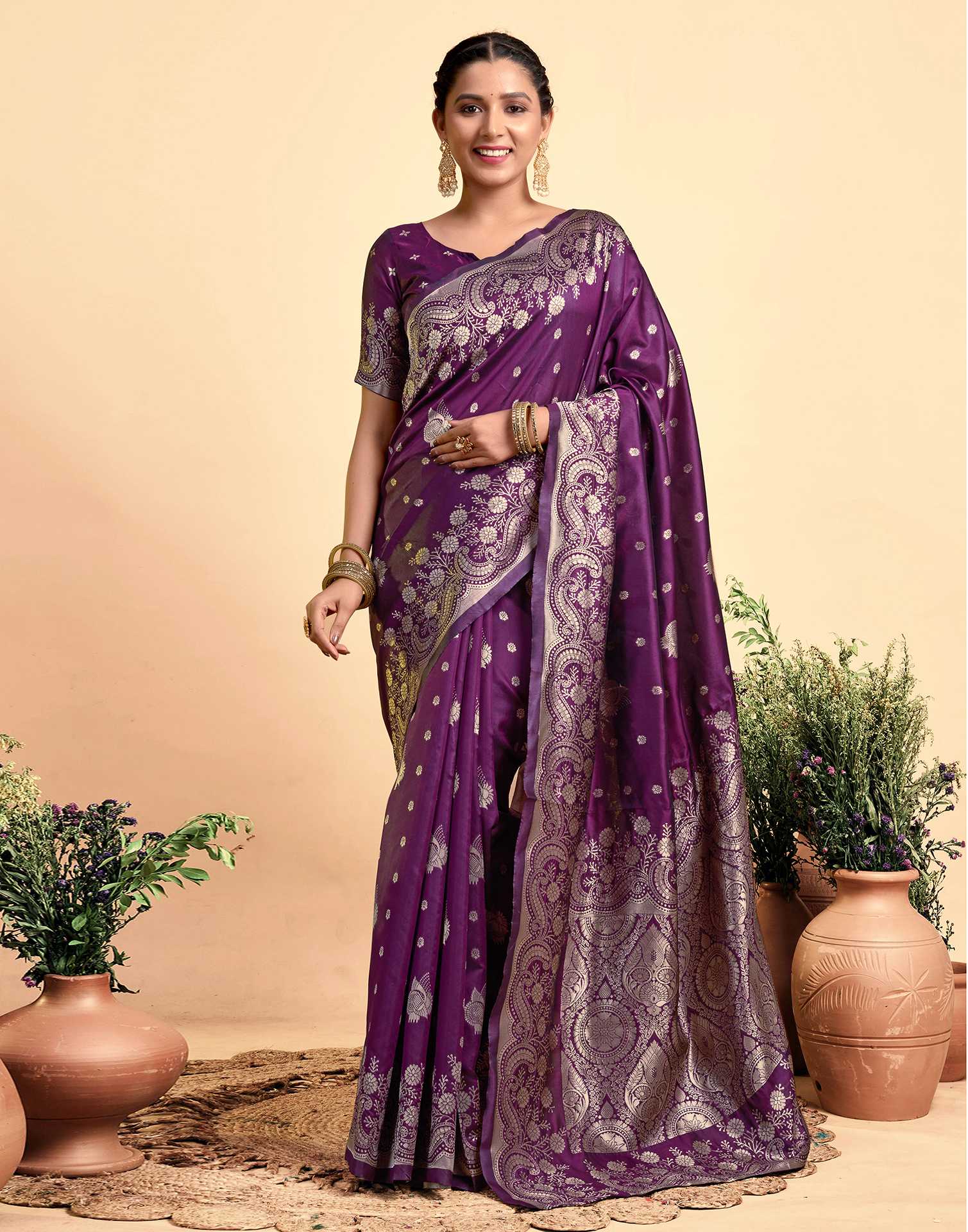 Dark Wine Silk Woven Saree