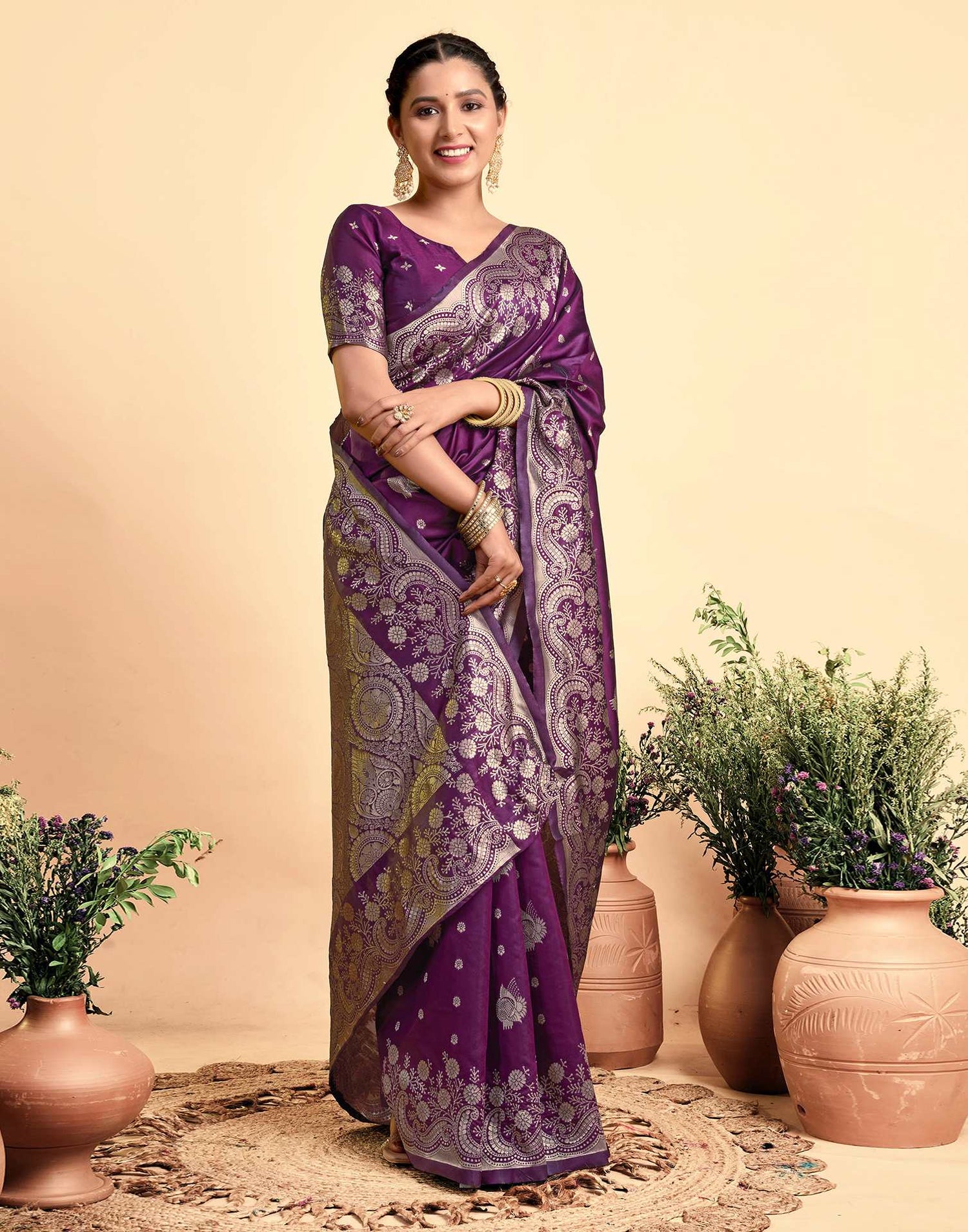 Dark Wine Silk Woven Saree