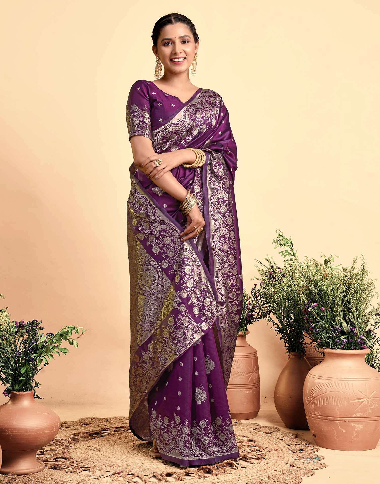 Dark Wine Silk Woven Saree