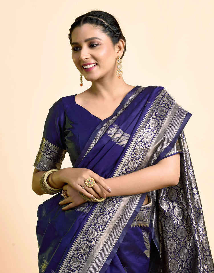 Navy Blue Silk Woven Banarasi Saree