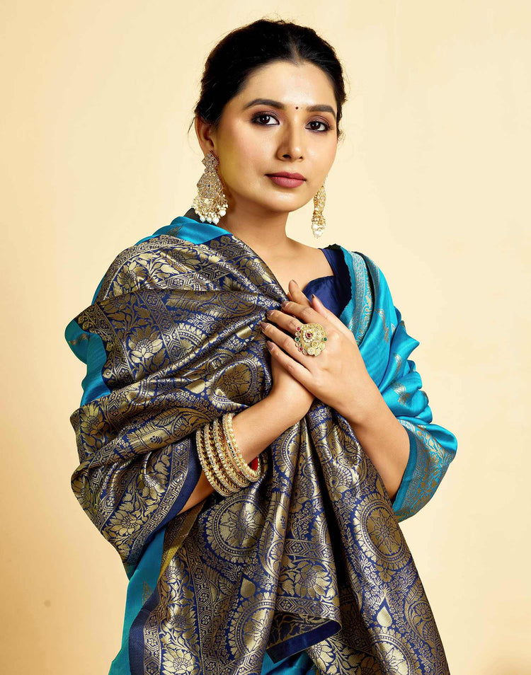 Teal Blue Silk Woven Banarasi Saree