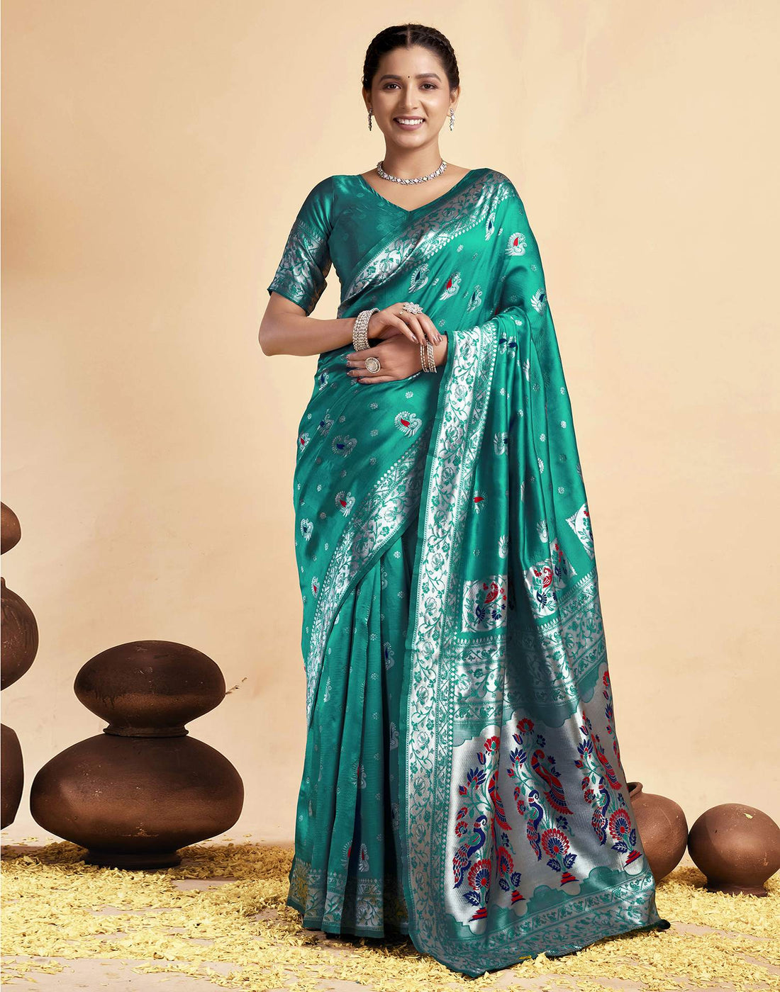 Teal Green Silk Woven Paithani Saree