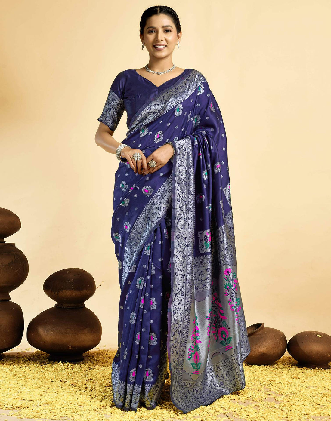 Navy Blue Silk Woven Paithani Saree