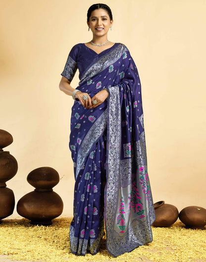Navy Blue Silk Woven Paithani Saree