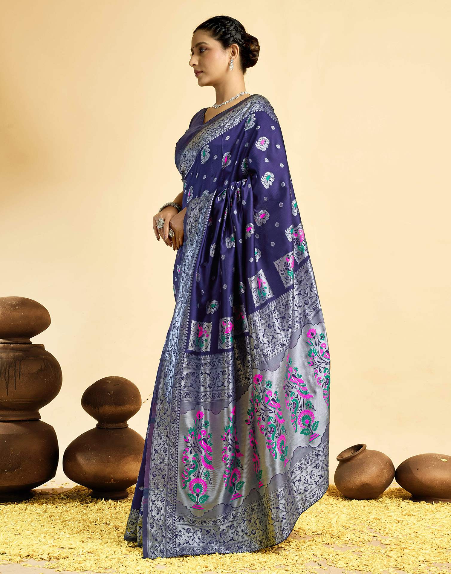 Navy Blue Silk Woven Paithani Saree