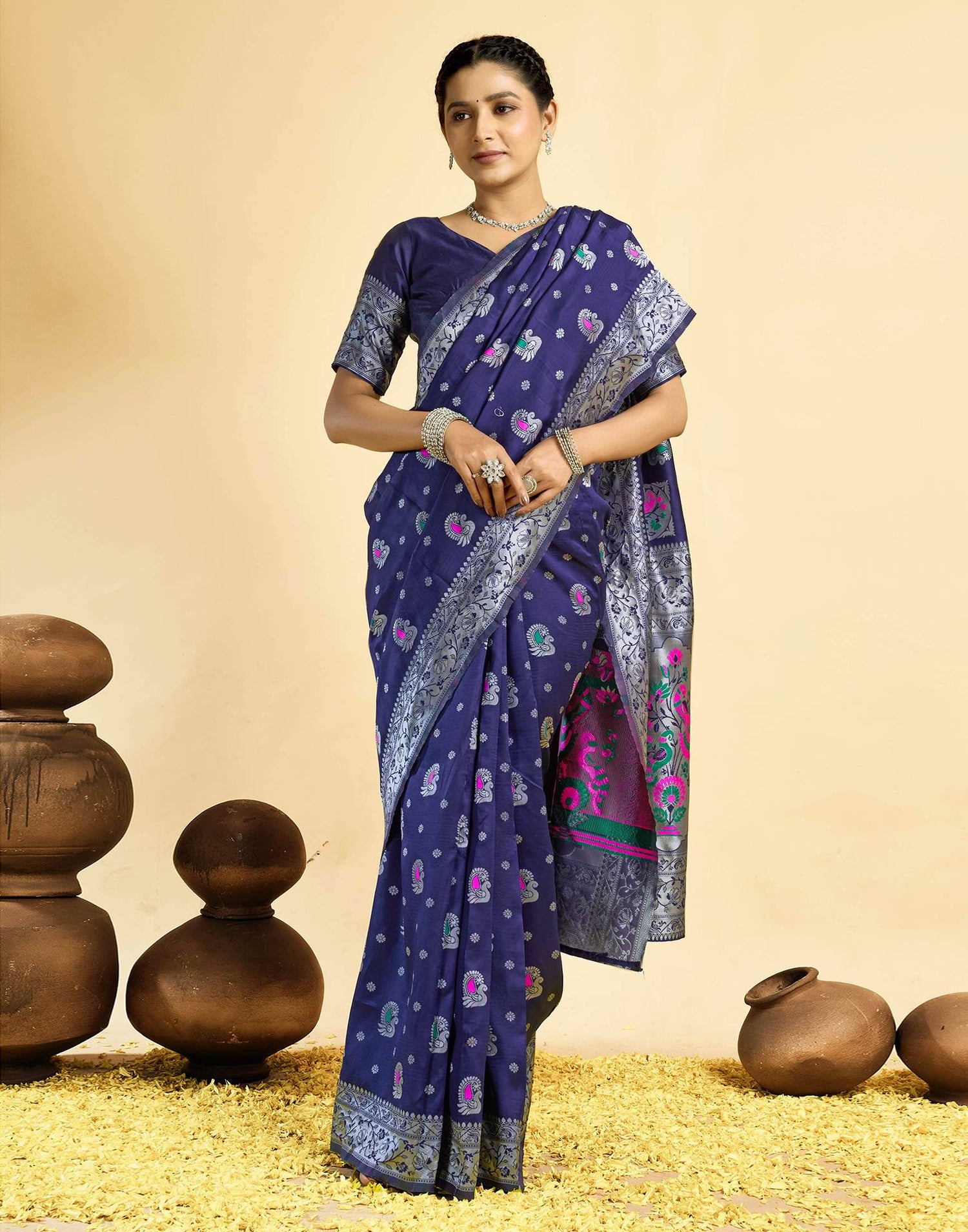 Navy Blue Silk Woven Paithani Saree