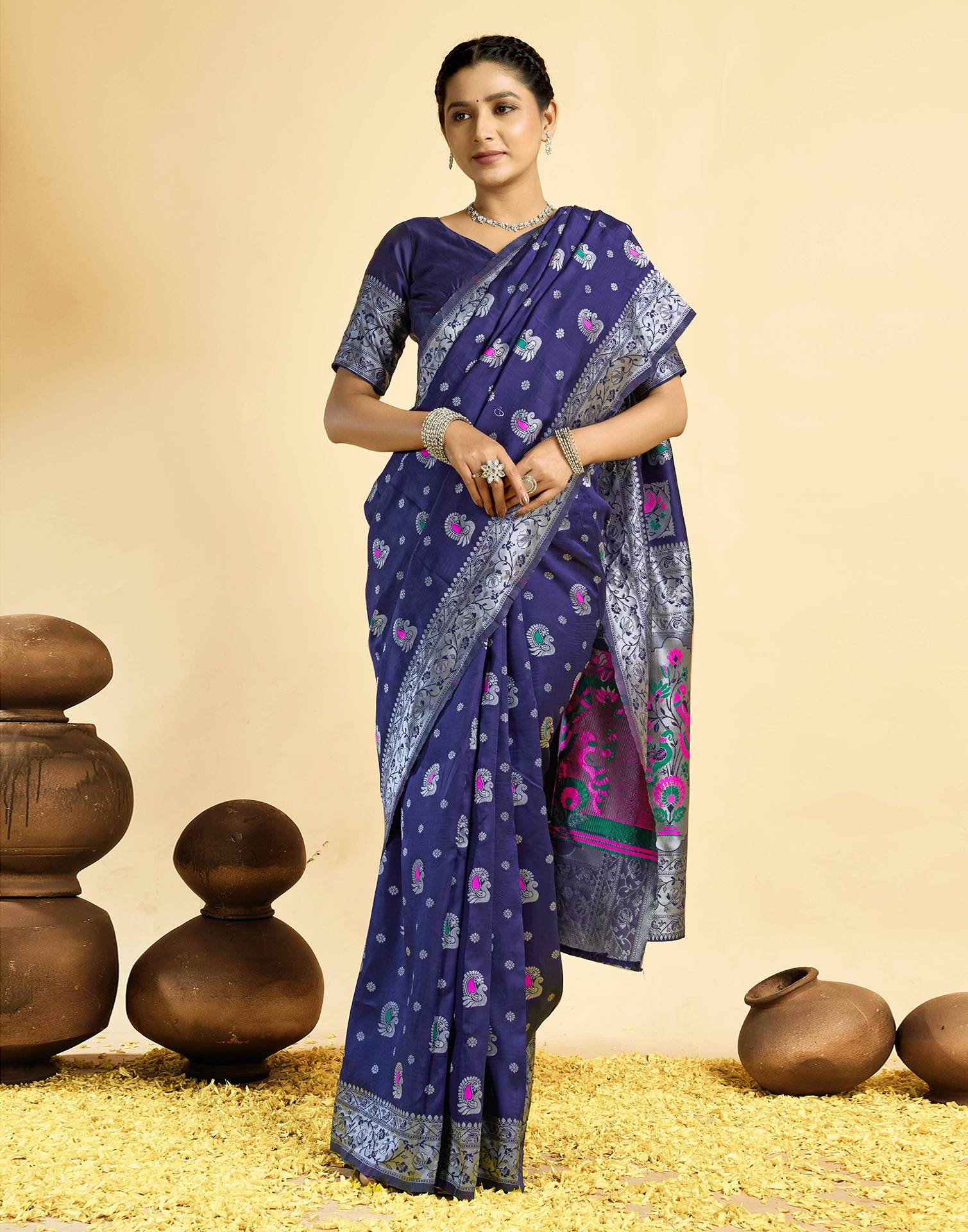 Navy Blue Silk Woven Paithani Saree