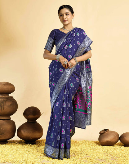 Navy Blue Silk Woven Paithani Saree