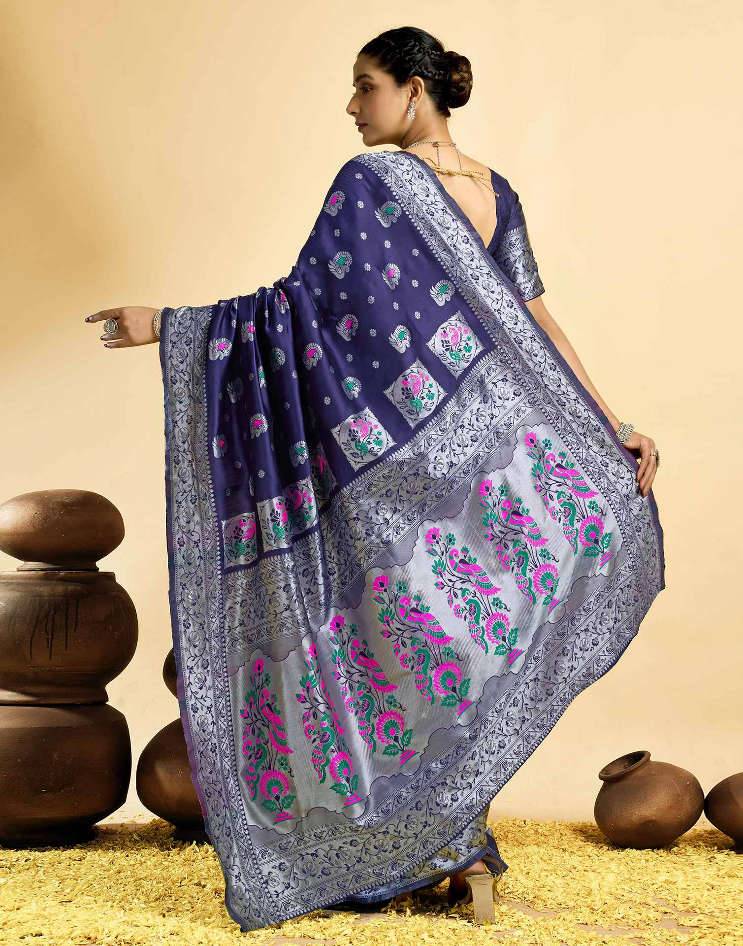 Navy Blue Silk Woven Paithani Saree