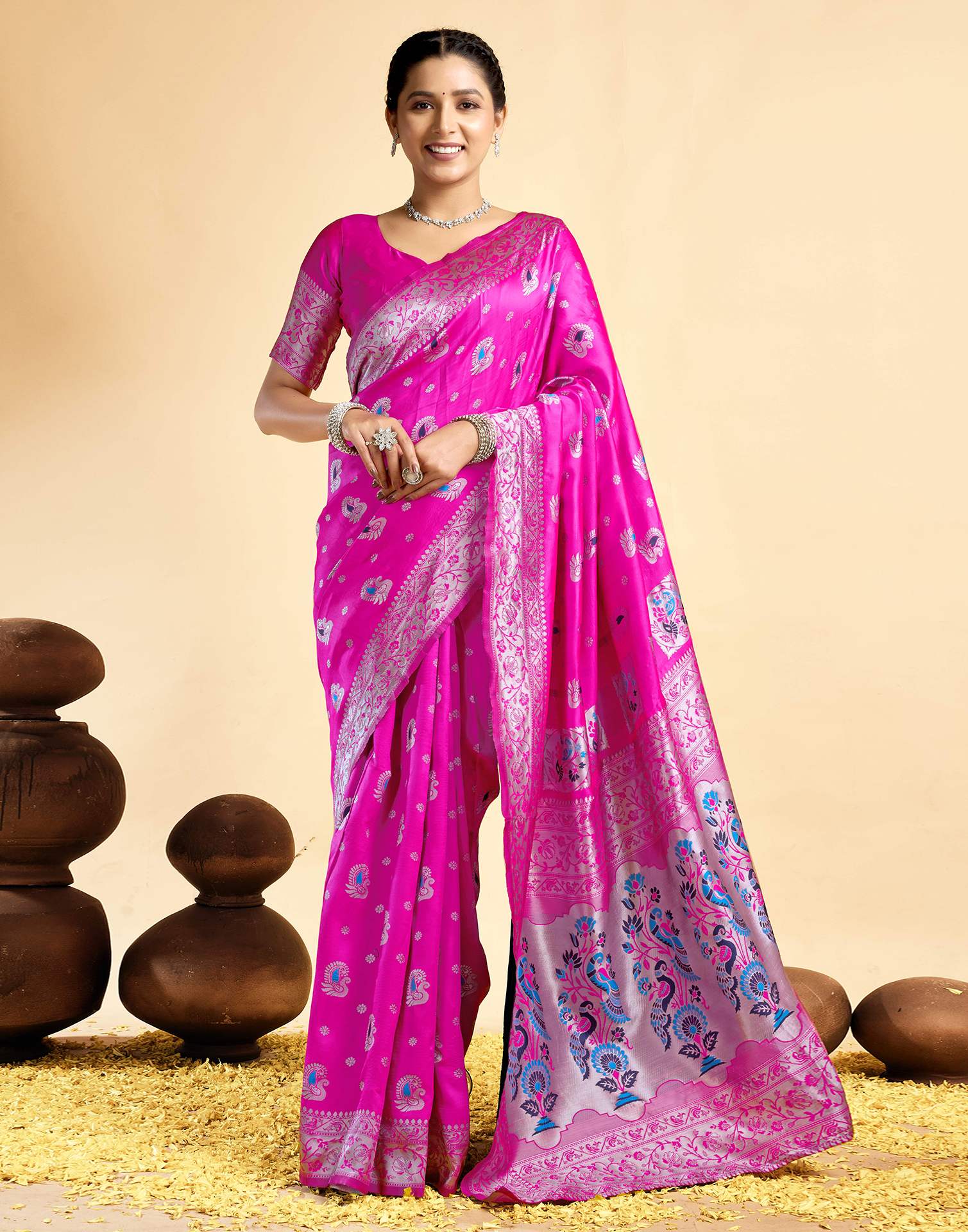Bright Rani Pink Silk Woven Paithani Saree