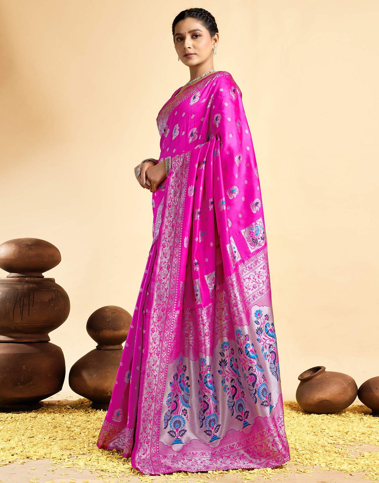 Bright Rani Pink Silk Woven Paithani Saree