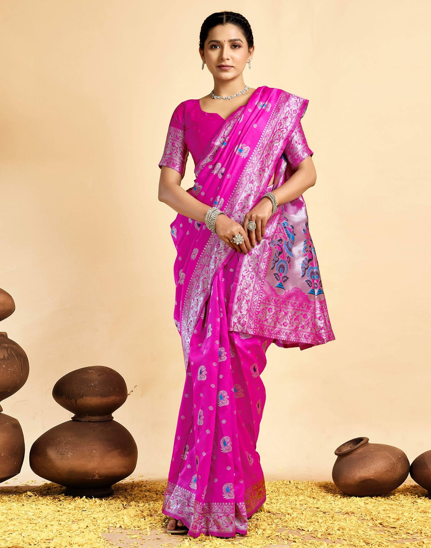 Bright Rani Pink Silk Woven Paithani Saree