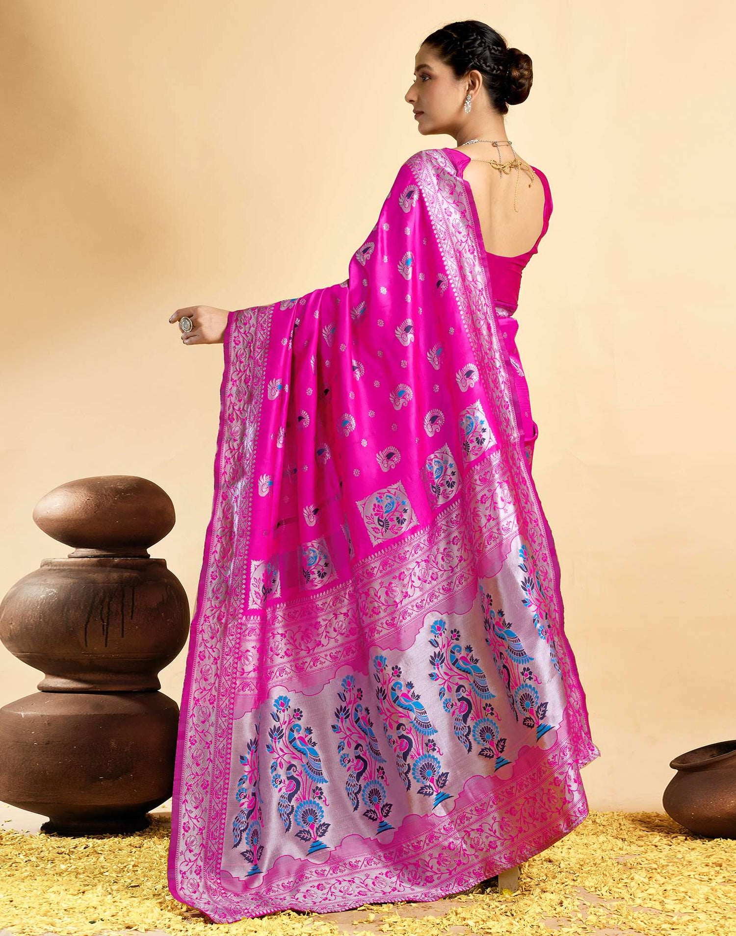 Bright Rani Pink Silk Woven Paithani Saree