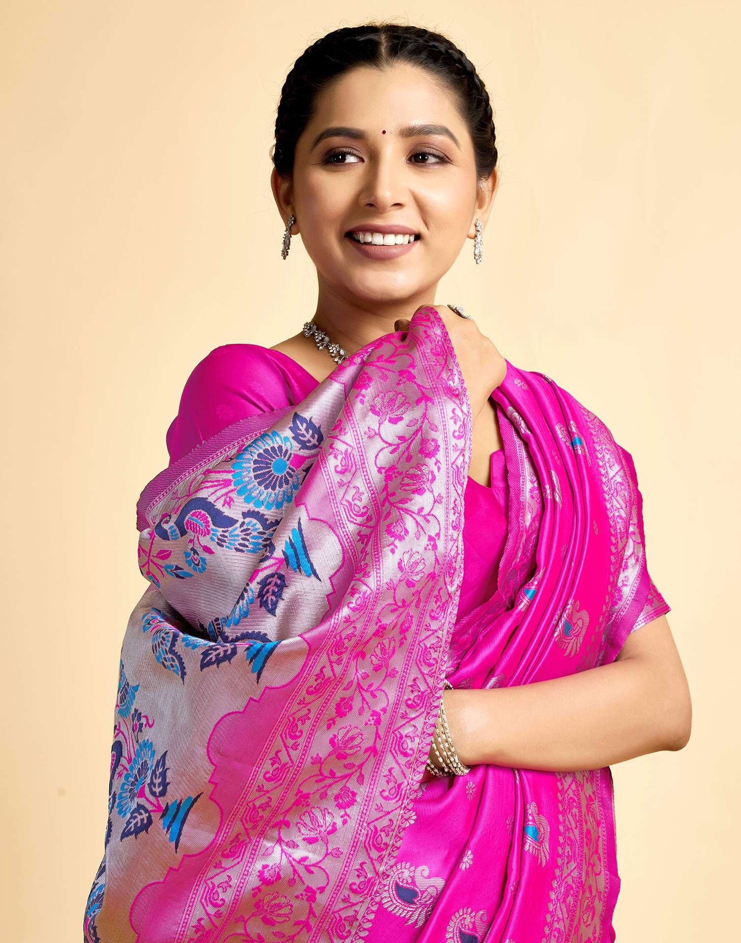 Bright Rani Pink Silk Woven Paithani Saree