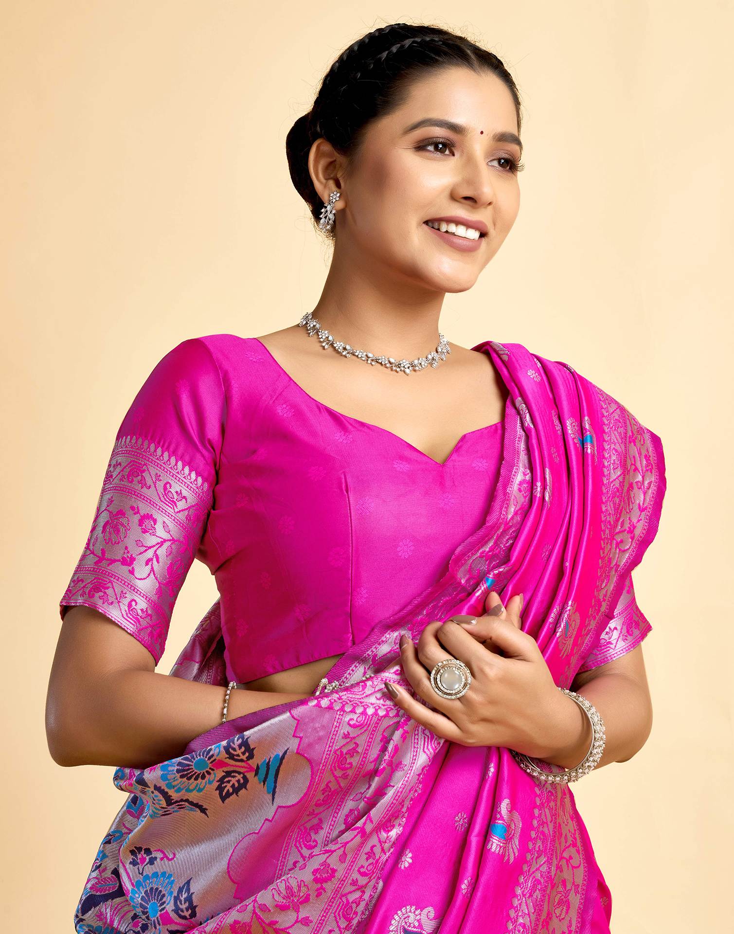 Bright Rani Pink Silk Woven Paithani Saree