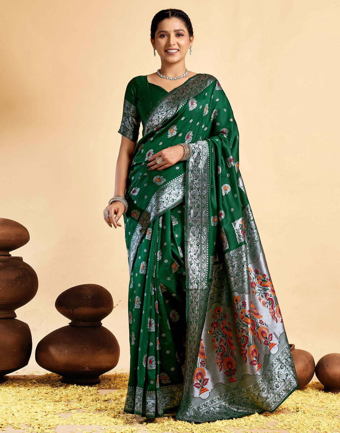 Dark Green Silk Woven Paithani Saree
