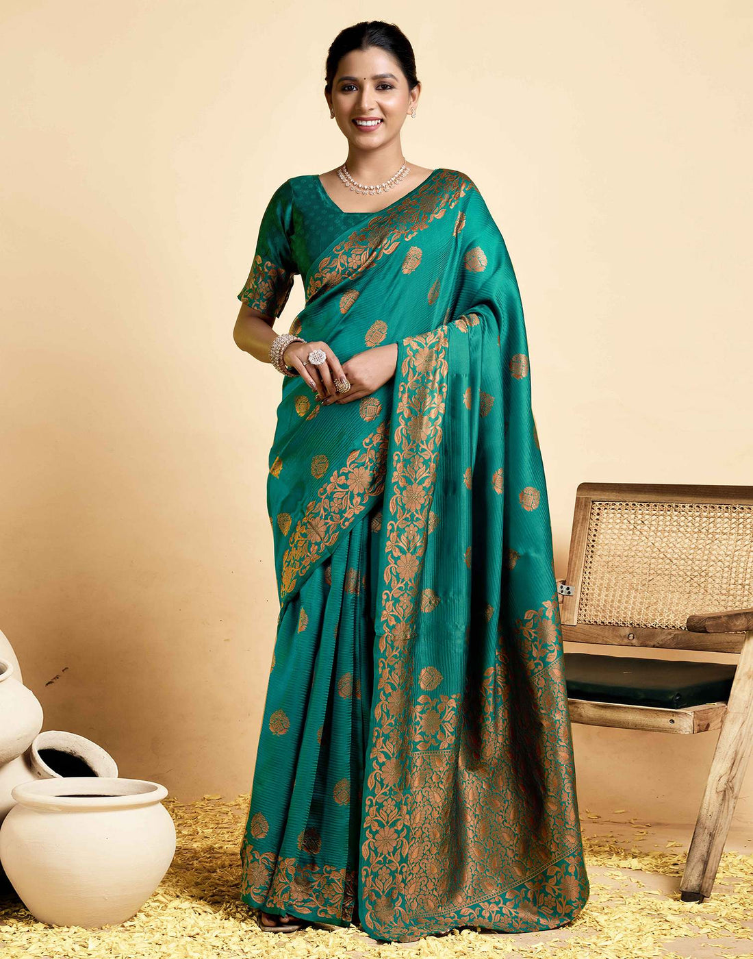 Teal Green Silk Woven Saree