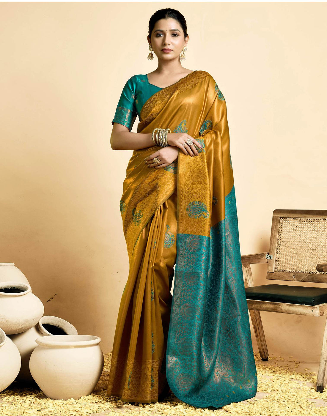 Mustard Yellow Simmer Silk Woven Saree