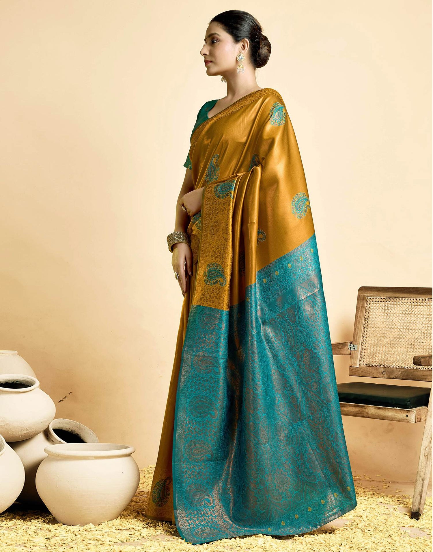 Mustard Yellow Simmer Silk Woven Saree
