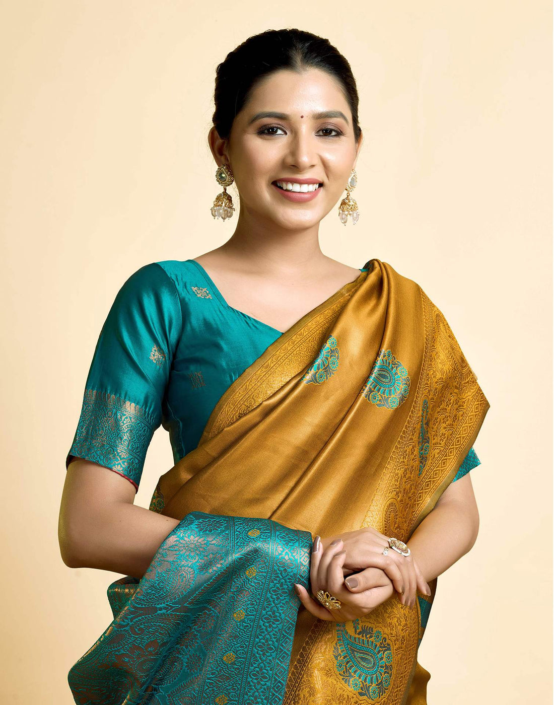Mustard Yellow Simmer Silk Woven Saree